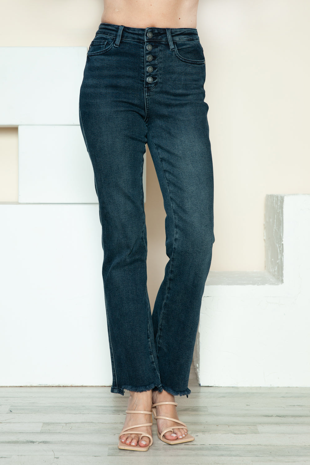 Judy Blue High Rise Waist Button Fly Hem Destroy Dark Wash Straight Denim Jeans