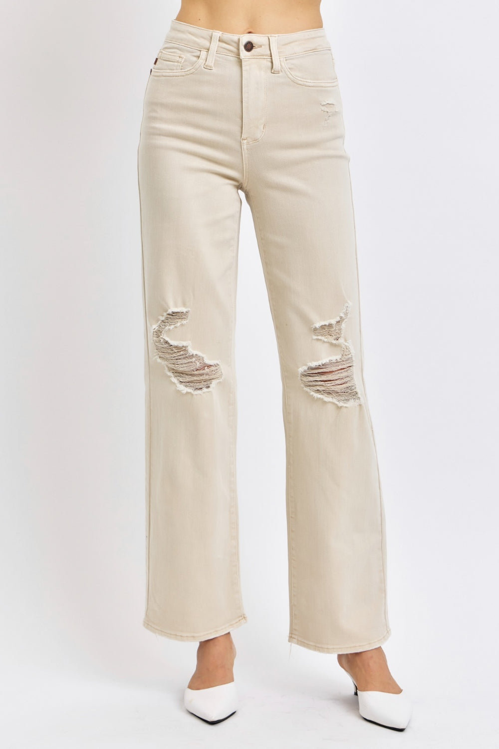 Judy Blue High Rise Waist Distressed Knee Zip Fly Wide Leg Denim Jeans | Bone