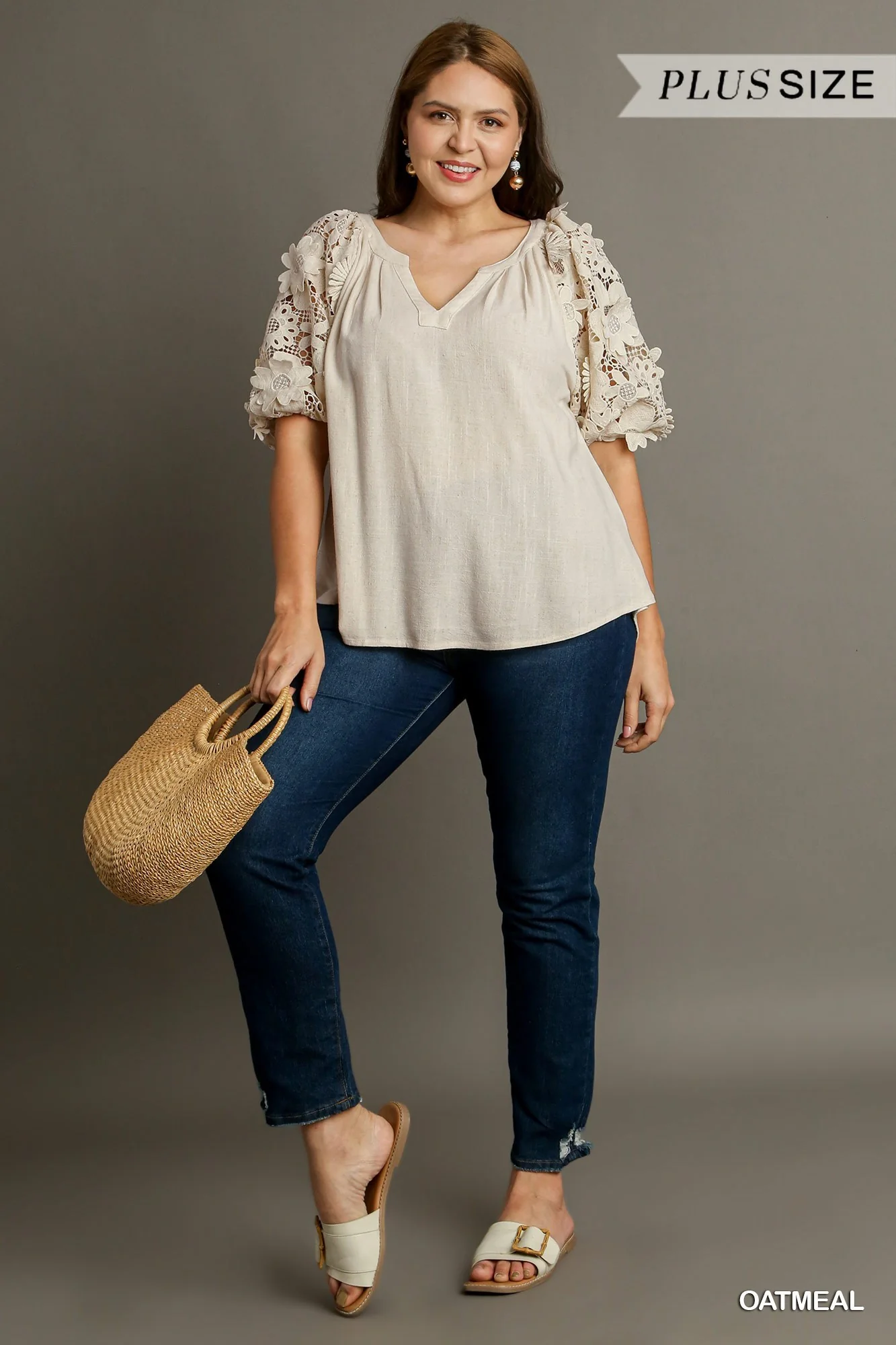 Umgee Linen Boxy Cut Split Neck 3D Floral Sleeves Relaxed Fit Blouse | Oatmeal