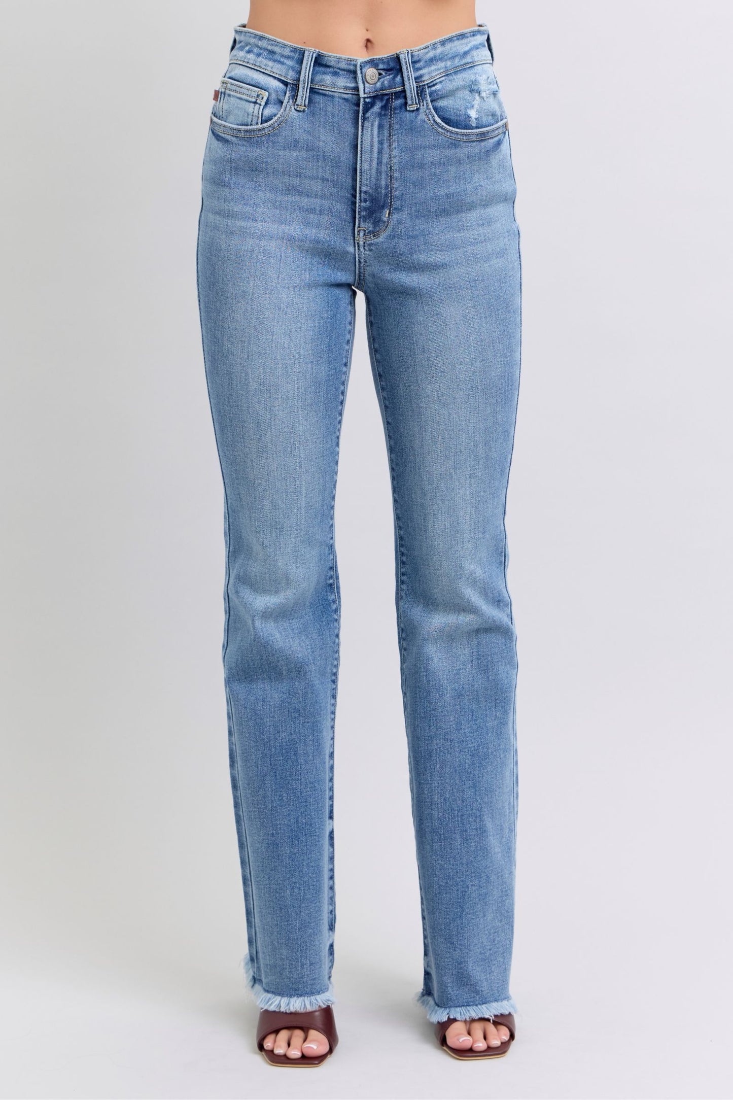 Judy Blue Raw Hem Detail High Rise Zipper Fly Medium Washed Bootcut Denim Jeans