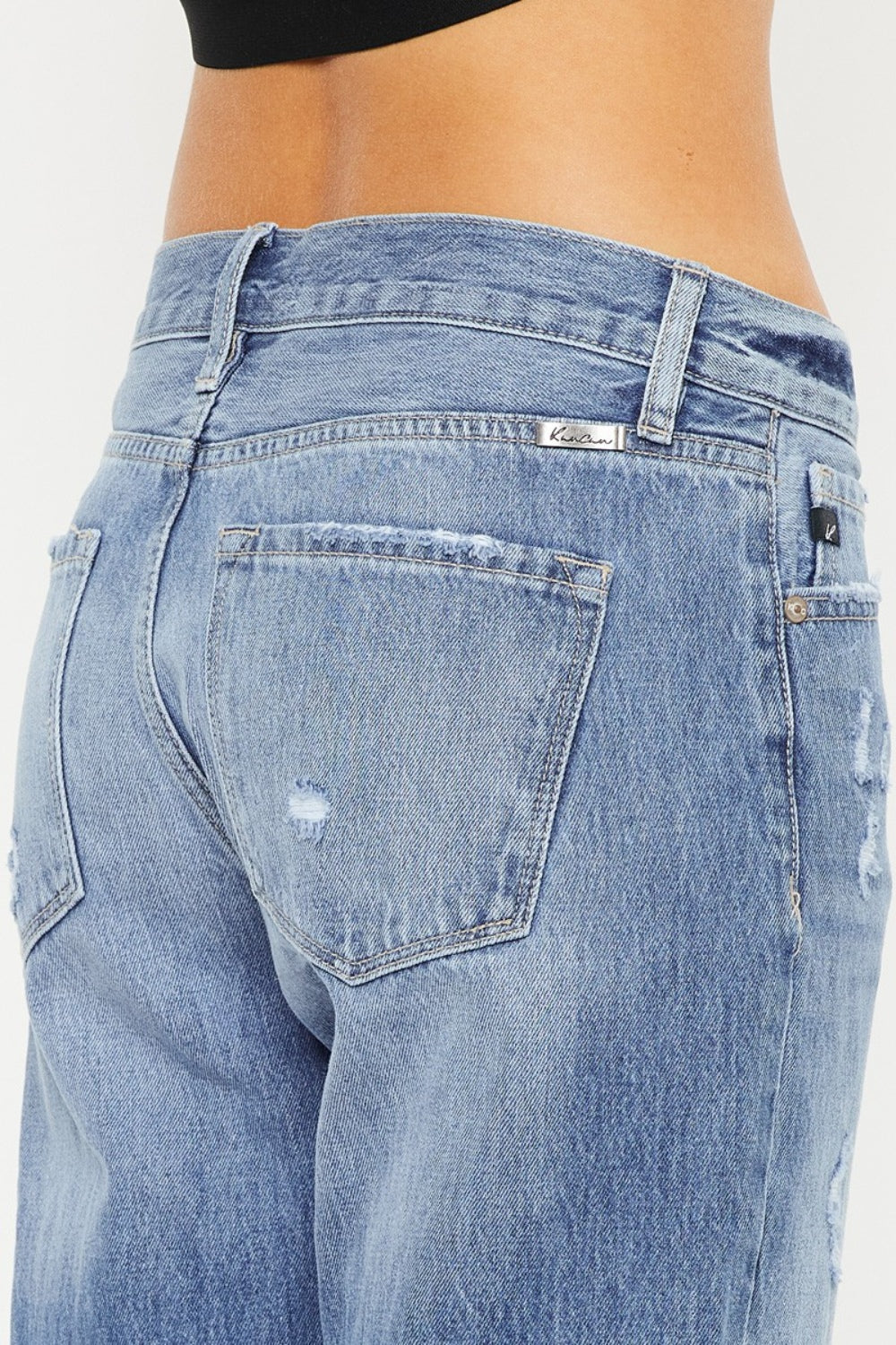 KanCan Mid Rise Cuffed Hem Distressed Light Wash Cropped Straight Denim Jeans