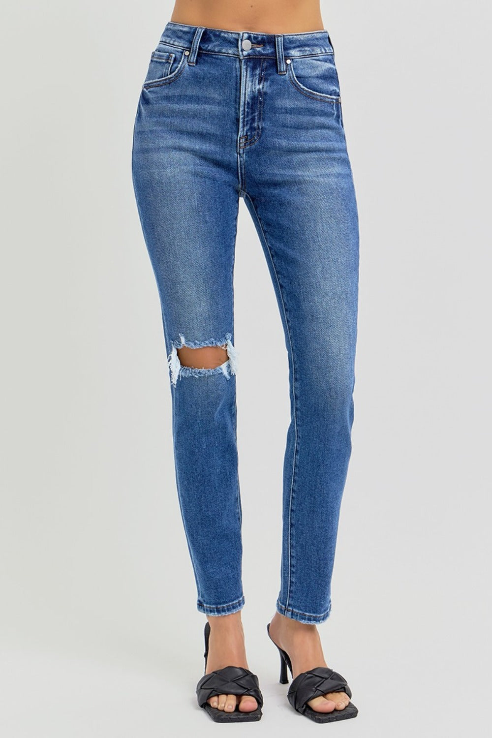 RISEN High Rise Waist Distressed Knee Dark Washed Ankle Skinny Denim Jeans