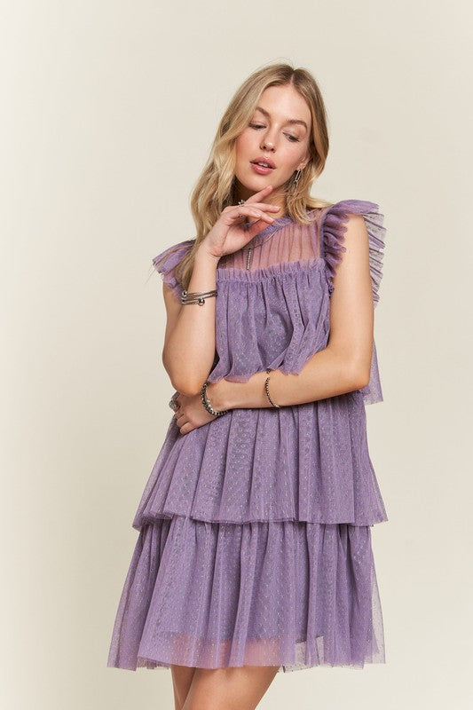 ADORA Layered Ruffled Detail Cap Sleeves Swiss Dot Print Lace Mini Dress | Mauve