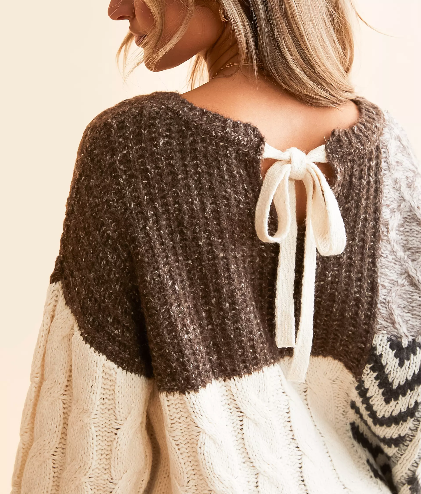 Threaded Pear Norah Knotted Back Detail Textured Knit Loose Fit Sweater | Brown