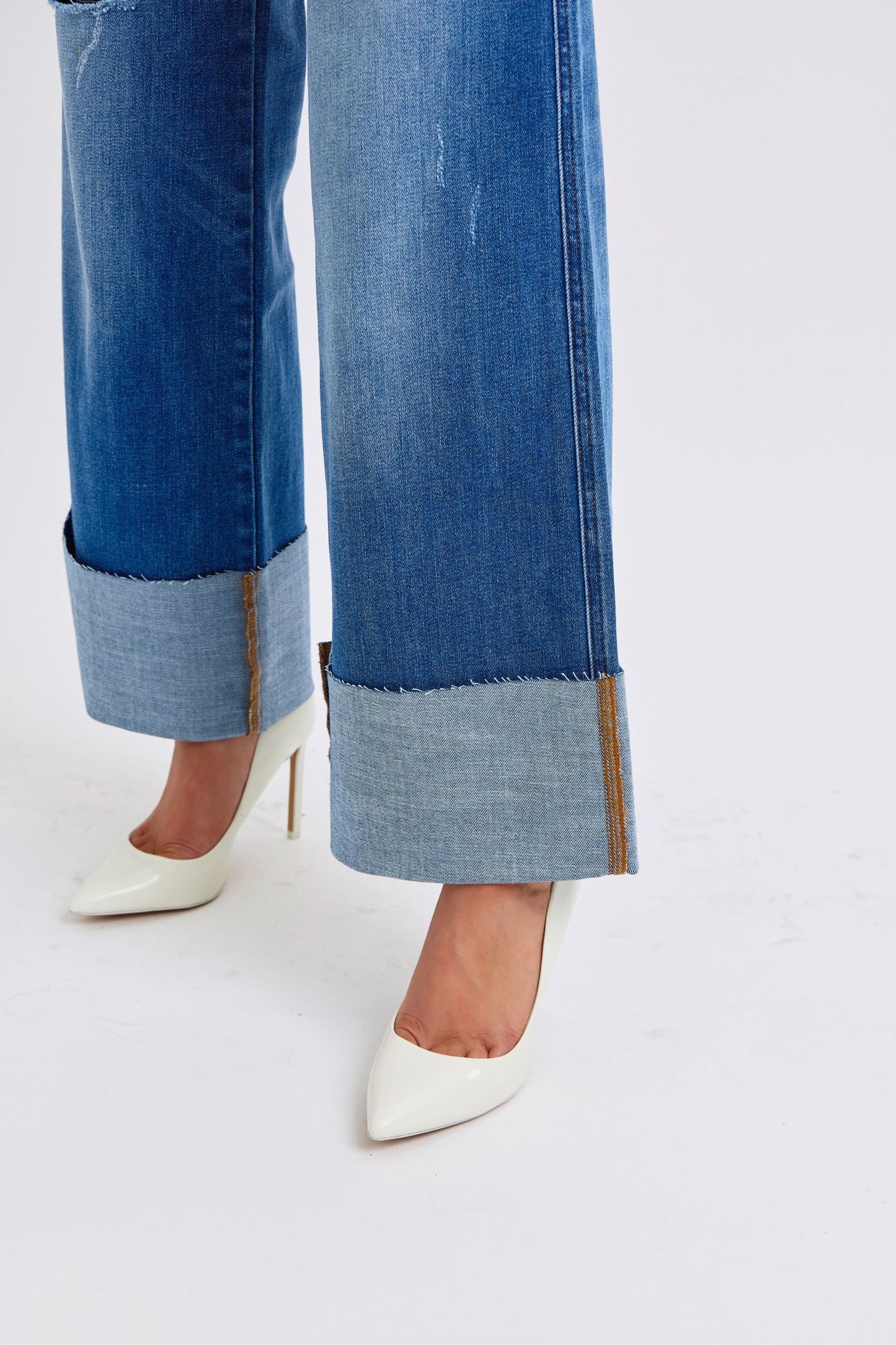 Judy Blue Distressed High Rise Cuffed Raw Hem Zip Fly Medium Wash Wide Leg Jeans