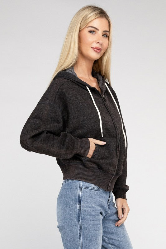 ZENANA Acid Wash Fleece Cropped Zip-Up Hoodie Sweatshirt