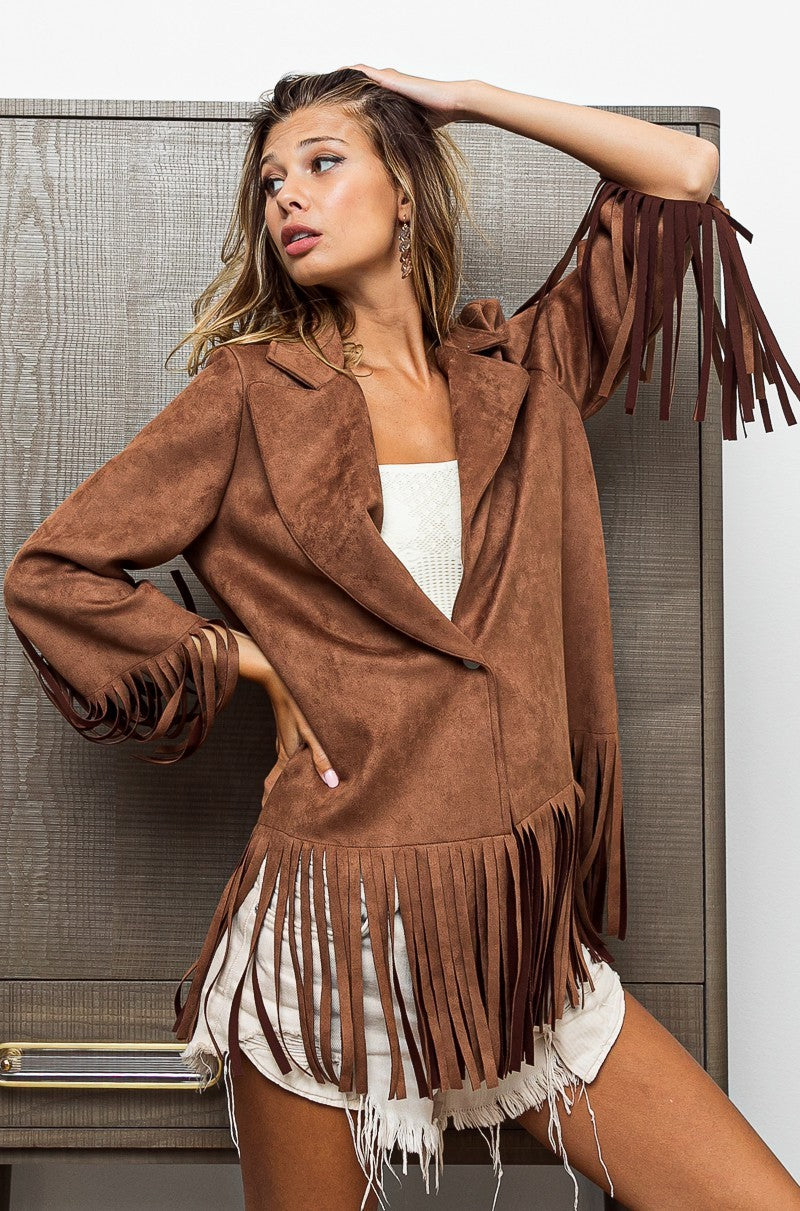 BiBi Fringed Hem Details Long Sleeves Suede Single Button Closure Blazer | Black