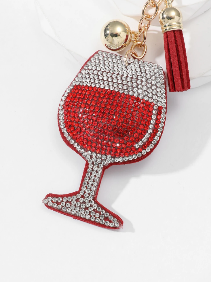 Adorable Crystal Wine Glass Pillow Puffy Tassel Christmas Keychain Bag Charm