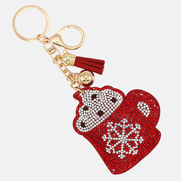 Adorable Crystal Christmas Hot Coco Pillow Puffy Tassel Keychain with Bag Charm