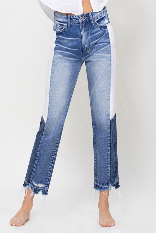 VERVET Tallulah Sky Super High Rise Side Blocking Panel Cropped Straight Jeans