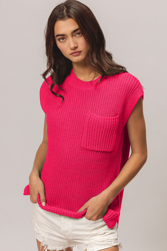 BiBi Round Neck Patch Pocket Cap Sleeves Side Slit Pullover Sweater | Fuchsia