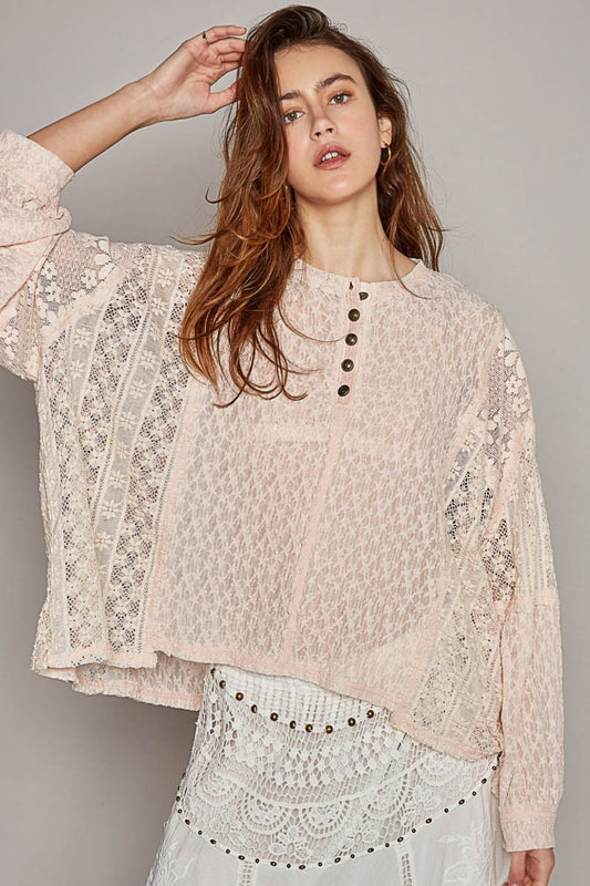 POL Oversized Round Neck Balloon Long Sleeves Raw Edge Floral Lace Top | Blush