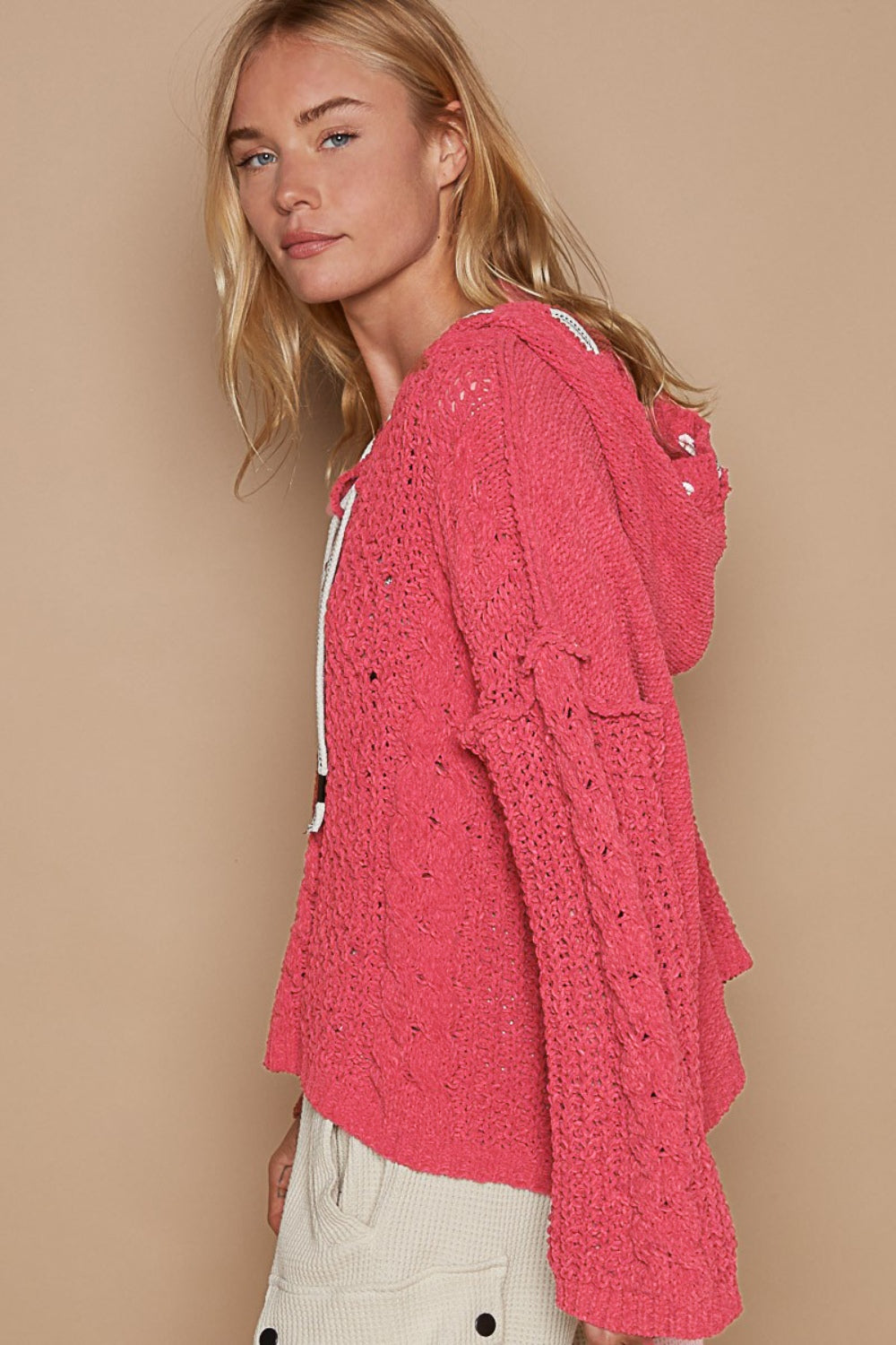POL Cable Knit V-Neck Long Sleeves Hooded Chenille Pullover Sweater | Fuchsia
