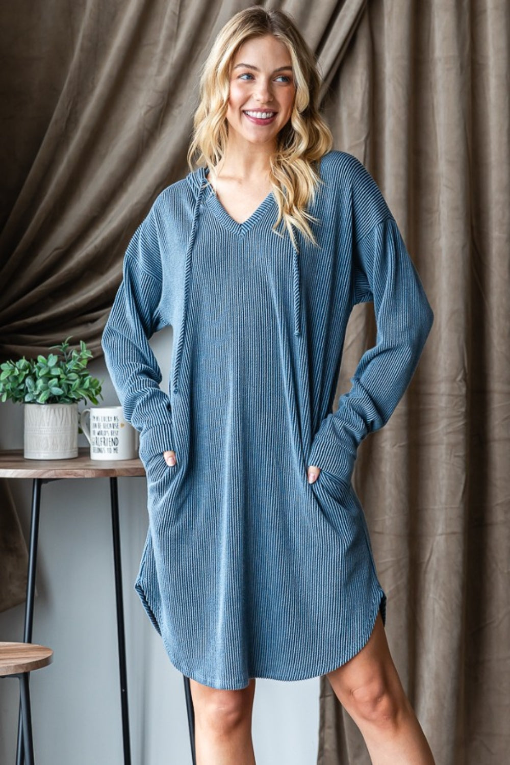 Heimish Solid Long Sleeves Urban Ribbed Drawstring Hooded Mini Dress | Denim