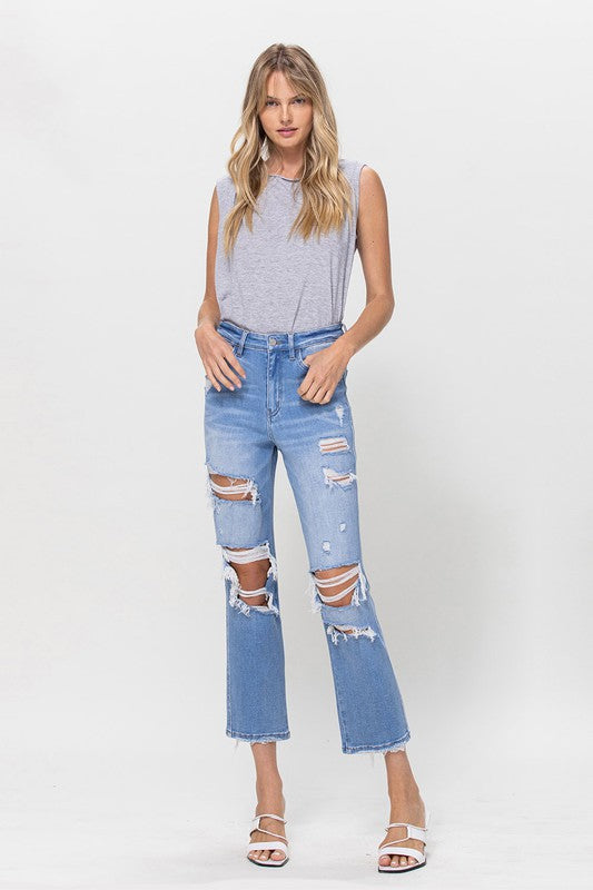 VERVET The Pink Knif Stretch Super High Rise Distressed Cropped Straight Jeans