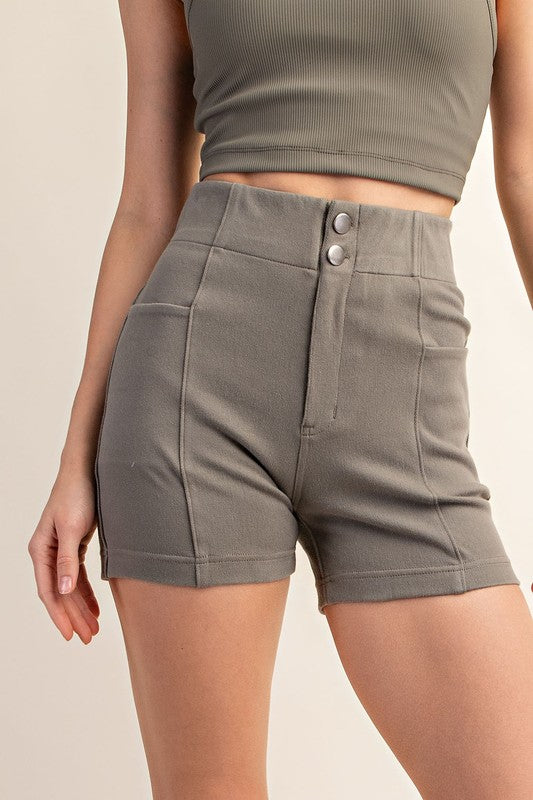 Rae Mode Twill Seaming Details Elastic Waist Cotton Stretch Shorts