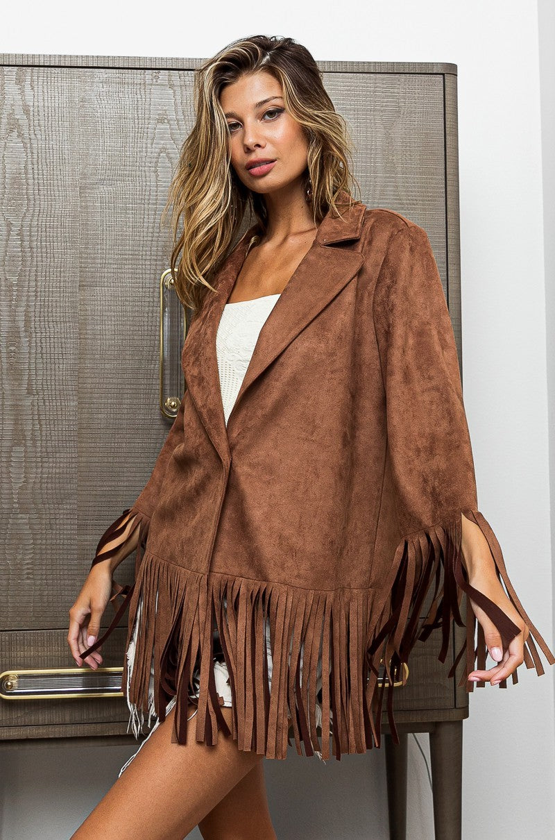 BiBi Fringed Hem Details Long Sleeves Suede Single Button Closure Blazer | Black
