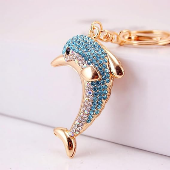Rhinestone Dolphin Keychain Metal Key Ring, Bag Charm, Car Accessory