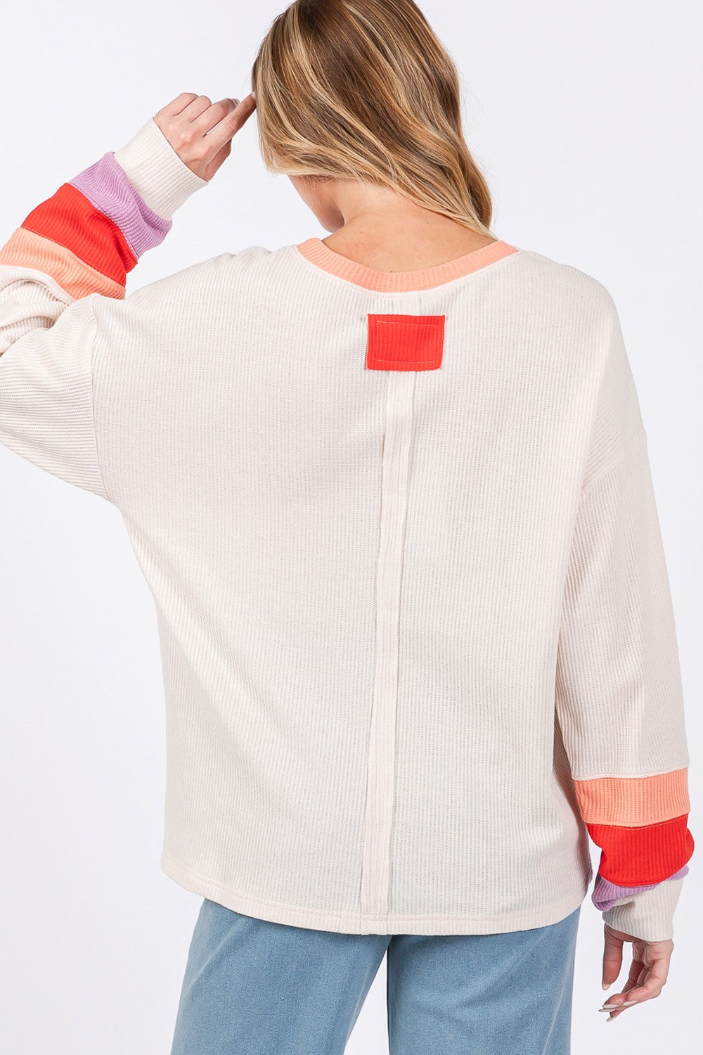 SAGE + FIG Color Block Raglan Sleeves Crew Neckline Waffle Knit T-Shirt | Sand