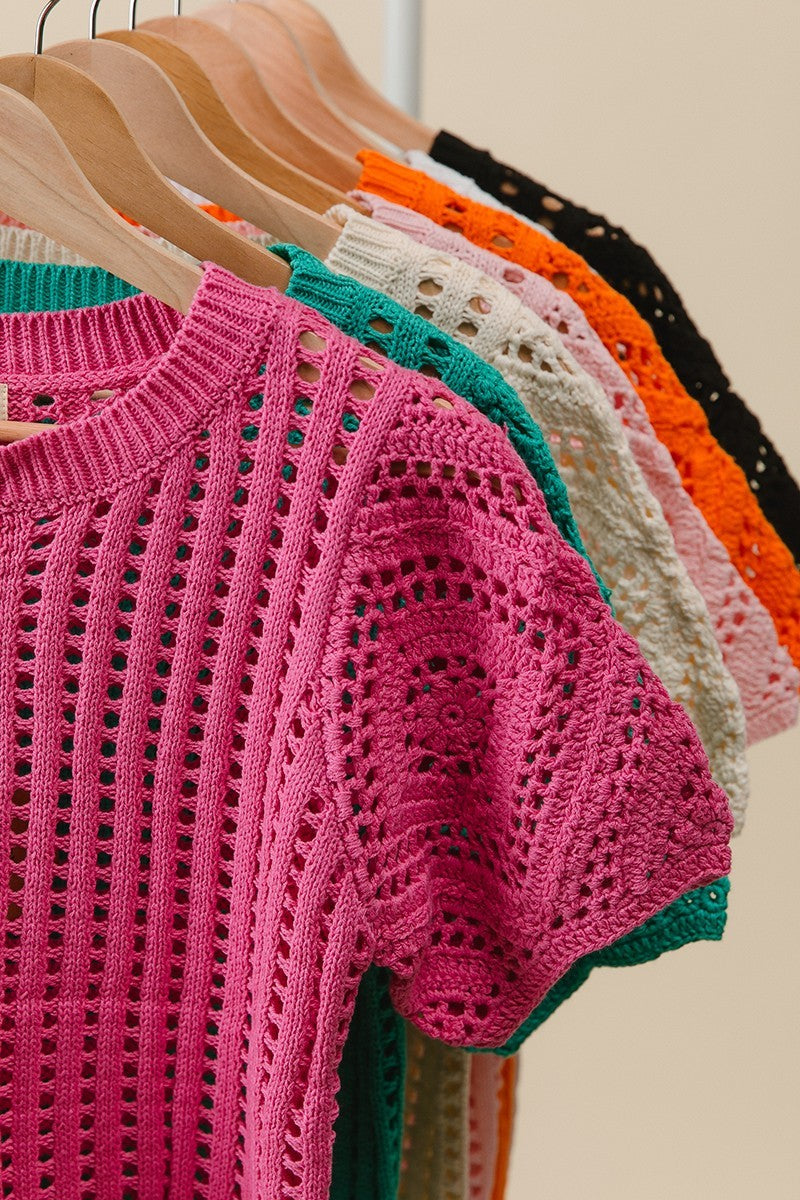BiBi Crochet Lace Top With Puff Sleeves | Fuchsia