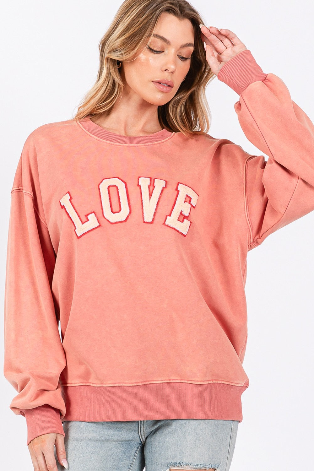 SAGE + FIG LOVE Path Applique Drop Shoulder Long Sleeves Sweatshirt | Orange