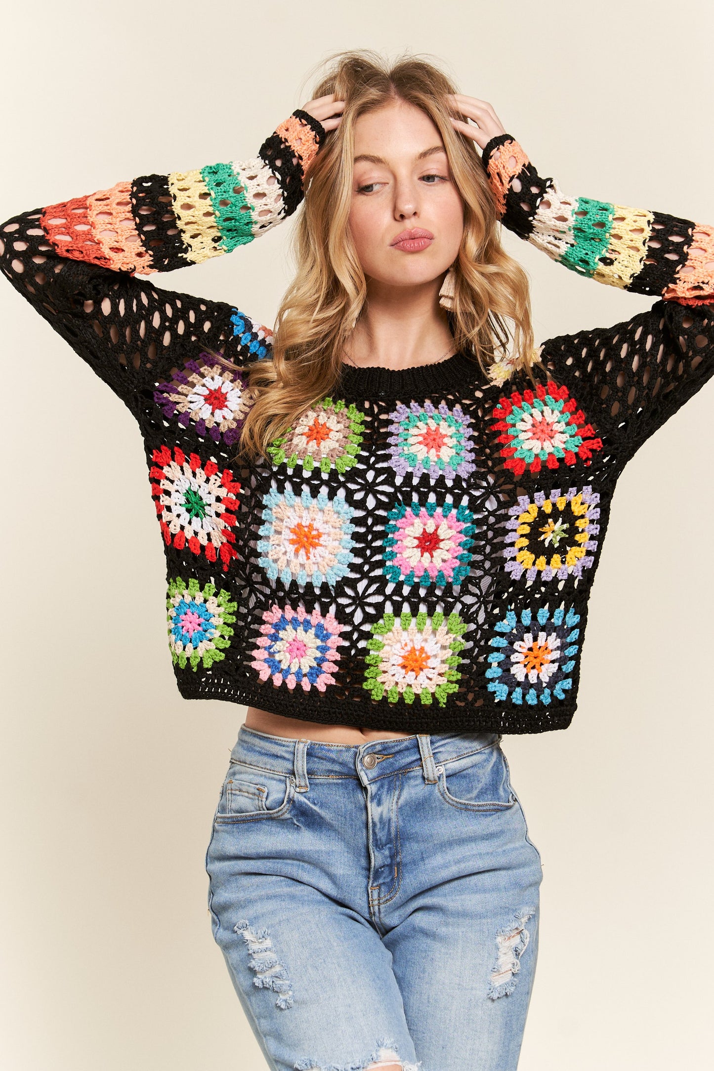 ADORA Lightweight Multicolor Floral Crochet Long Sleeves Cropped Sweater | Black