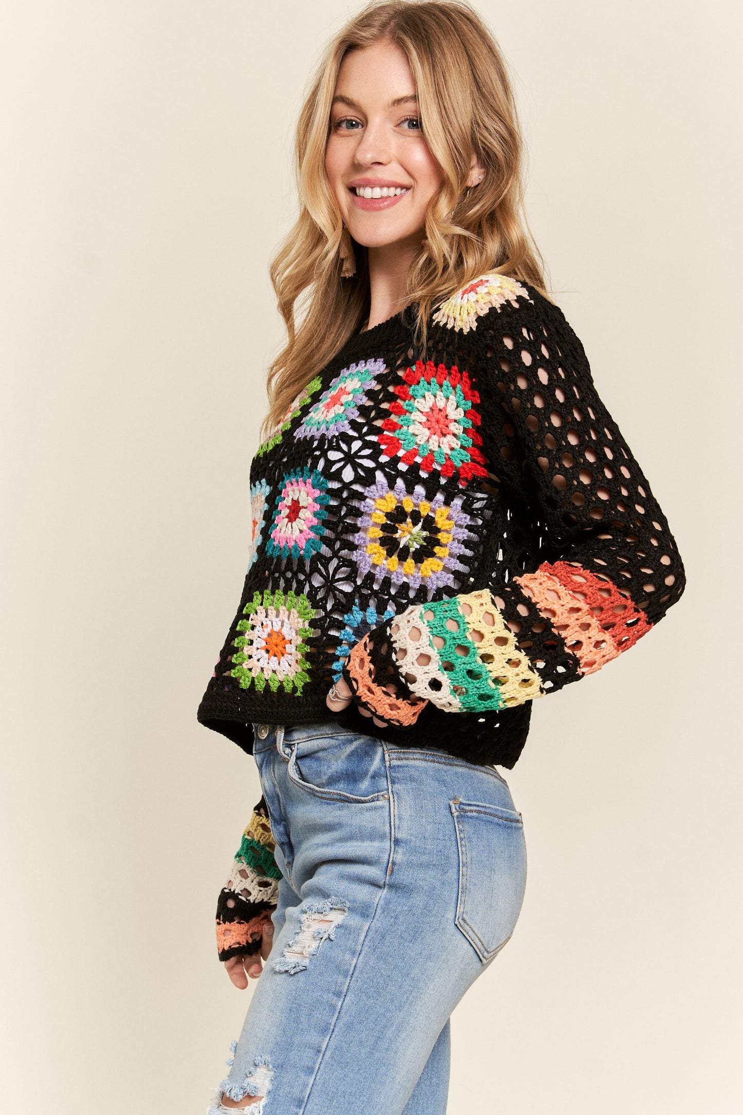 ADORA Lightweight Multicolor Floral Crochet Long Sleeves Cropped Sweater | Black