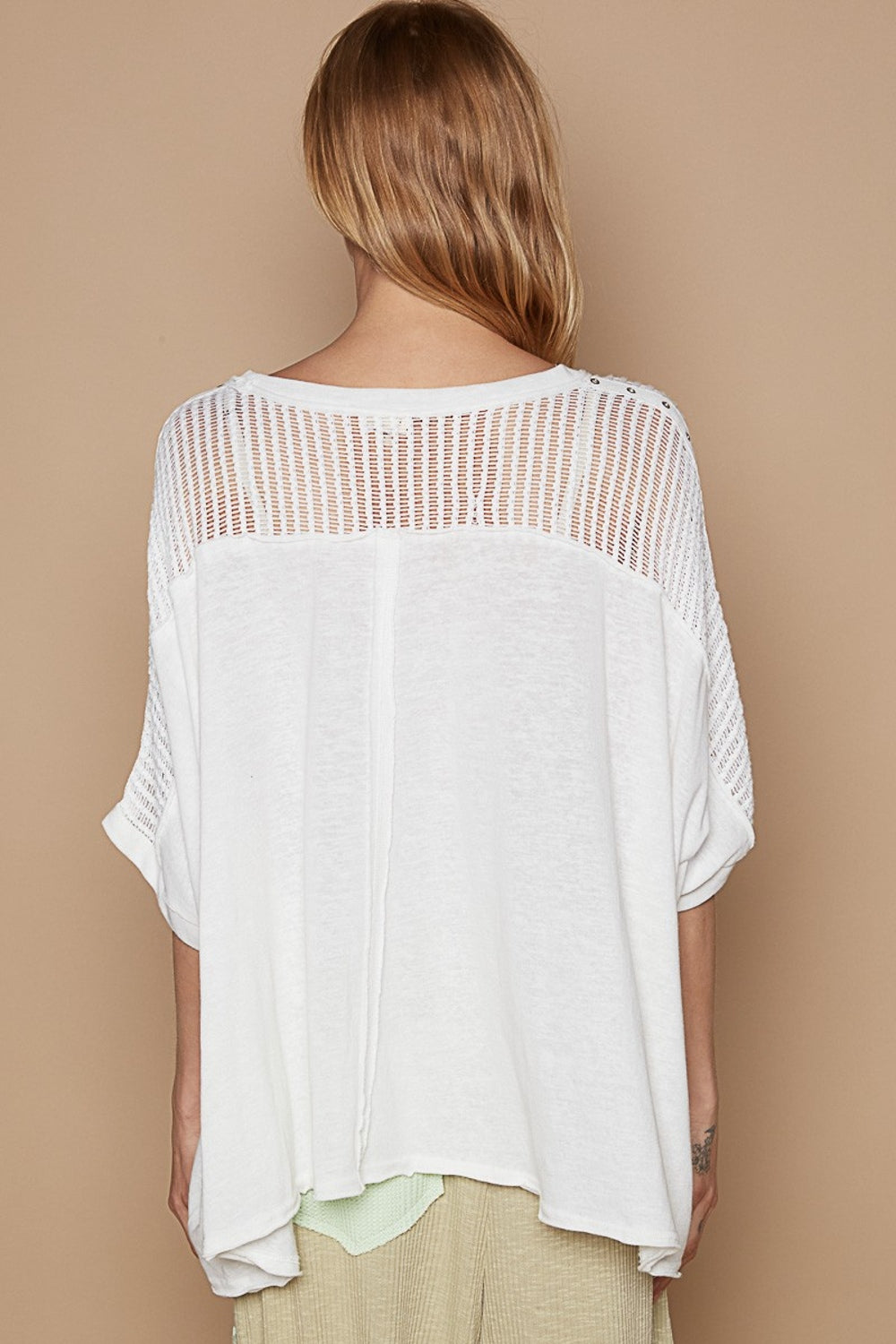 POL Eyelet Detail Studded High-Low Short Sleeves Relaxed Fit Top