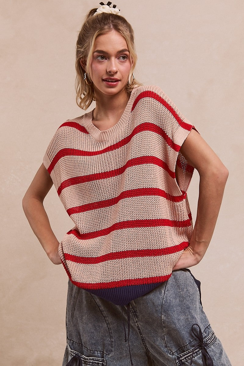 BiBi Fourth Of July Stripe Pattern Drop Shoulder Pullover Sweater | Oatmeal/Red