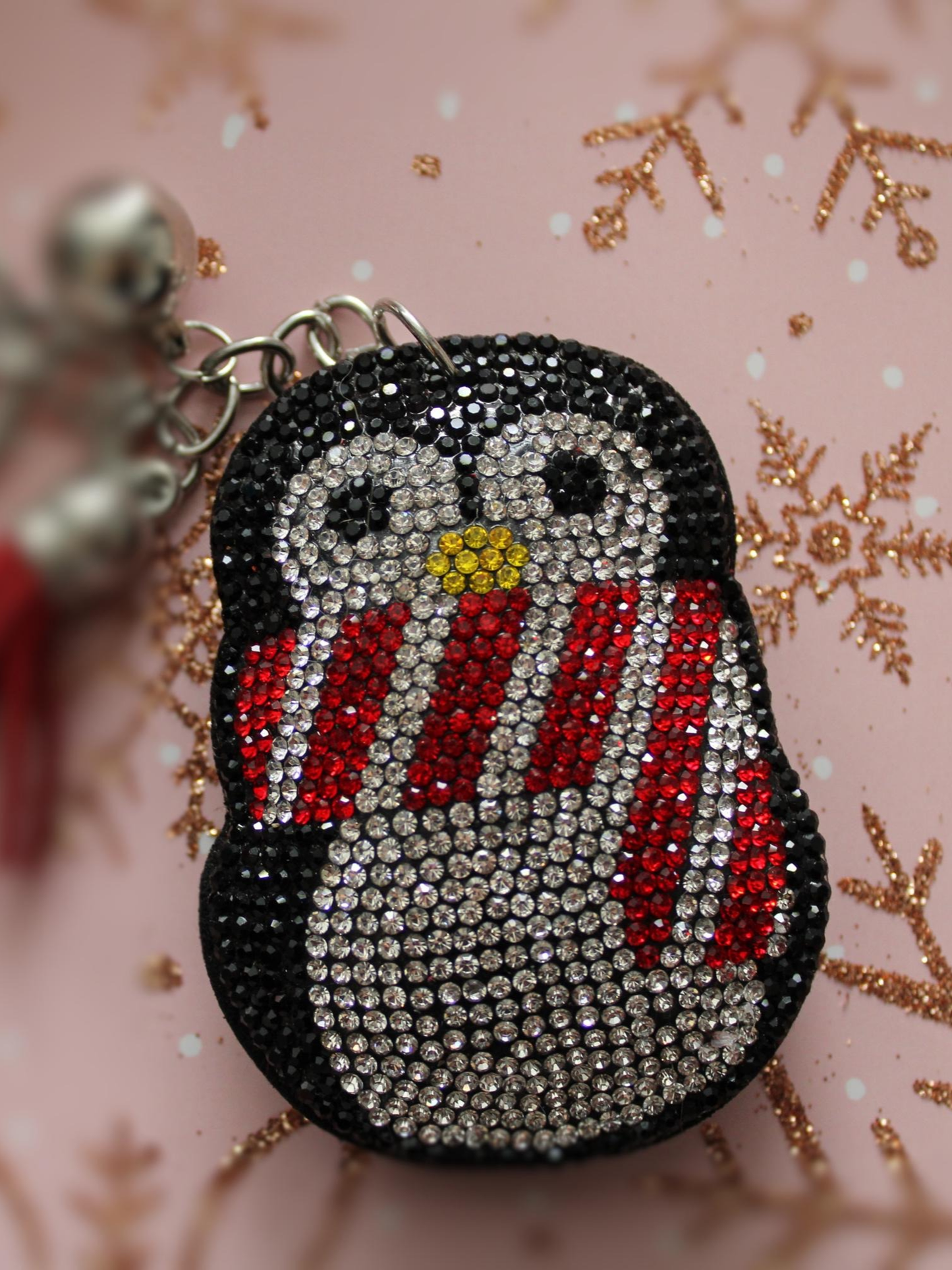 Adorable Rhinestone Penguin Pillow Puffy Tassel Christmas Keychain Bag Charm
