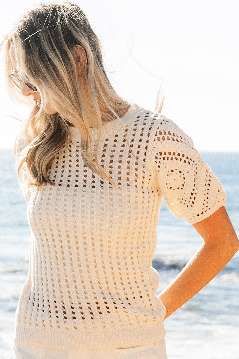 BiBi Crochet Lace Top With Puff Sleeves | Fuchsia