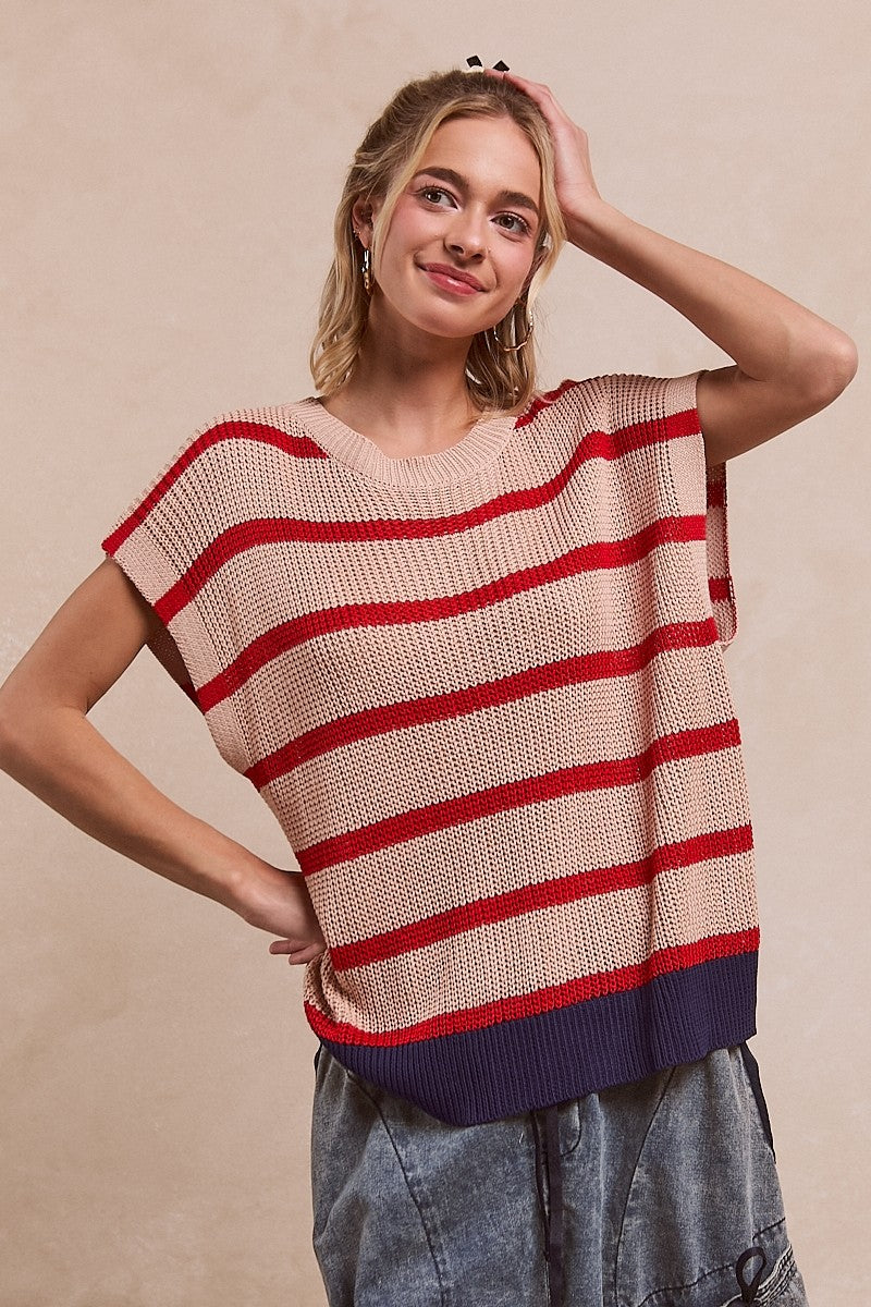 BiBi Fourth Of July Stripe Pattern Drop Shoulder Pullover Sweater | Oatmeal/Red