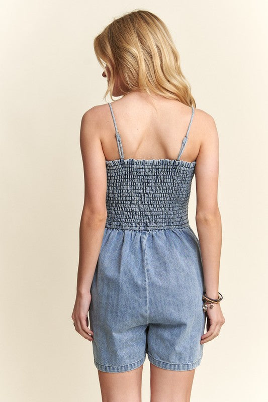 ADORA Smocked Adjustable Spaghetti Strap Side Pockets Medium Wash Denim Romper