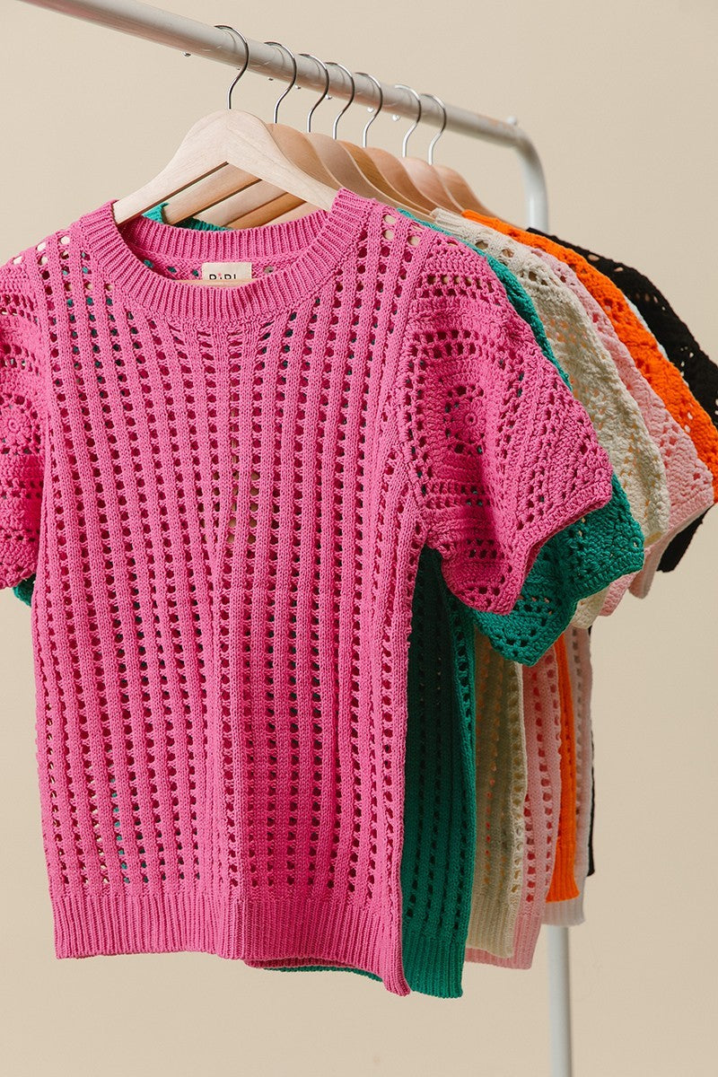 BiBi Crochet Lace Top With Puff Sleeves | Fuchsia