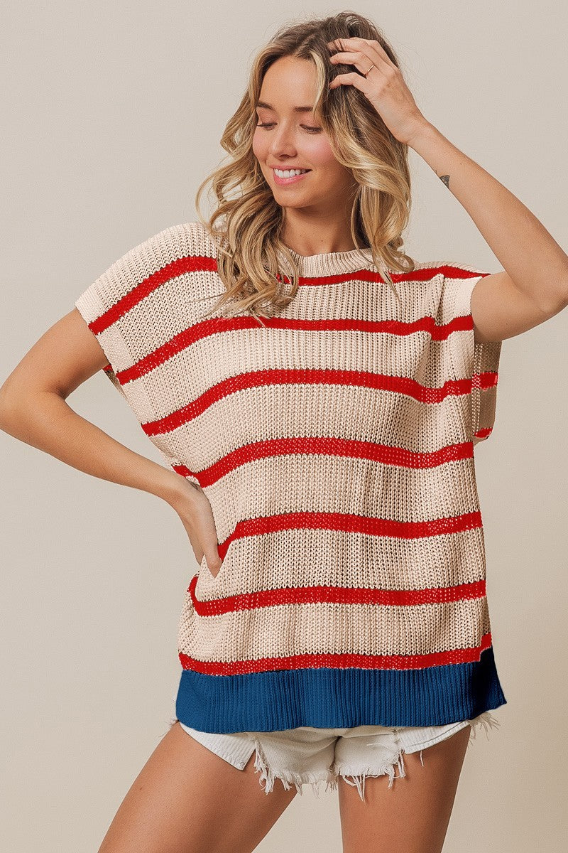 BiBi Fourth Of July Stripe Pattern Drop Shoulder Pullover Sweater | Oatmeal/Red