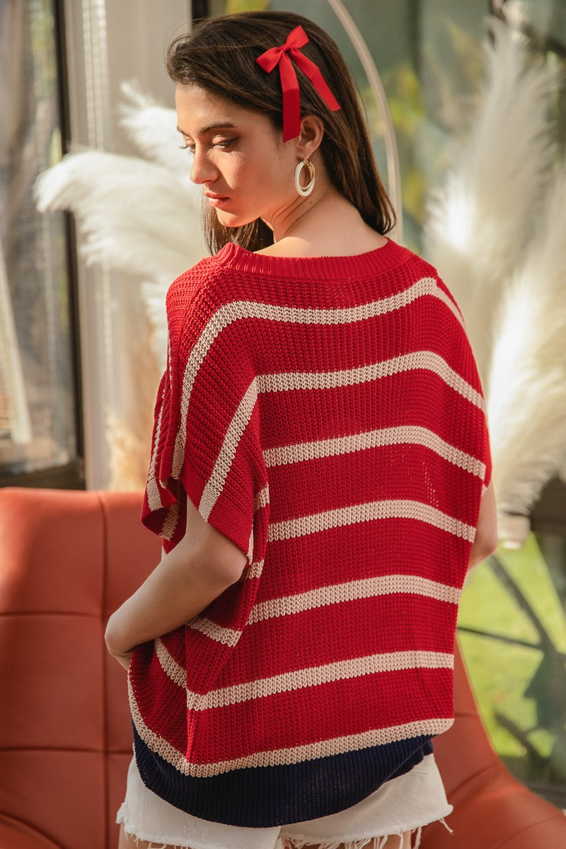 BiBi Fourth Of July Stripe Pattern Drop Shoulder Pullover Sweater | Oatmeal/Red