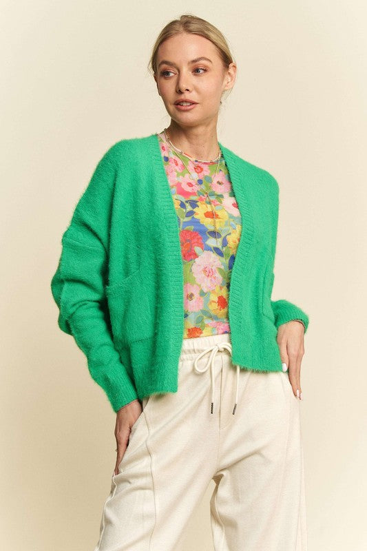 Davi & Dani Long Sleeves Open Front Drop Shoulder Front Pockets Cardigan | Green
