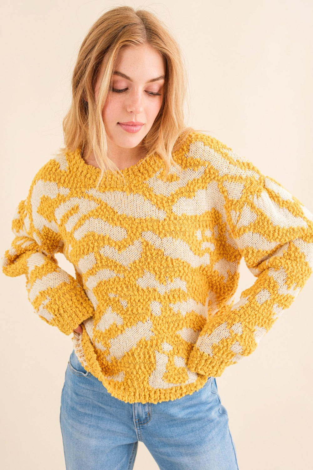 And The Why Textured Pattern Contrast Long Sleeves Relaxed Fit Sweater | Mustard