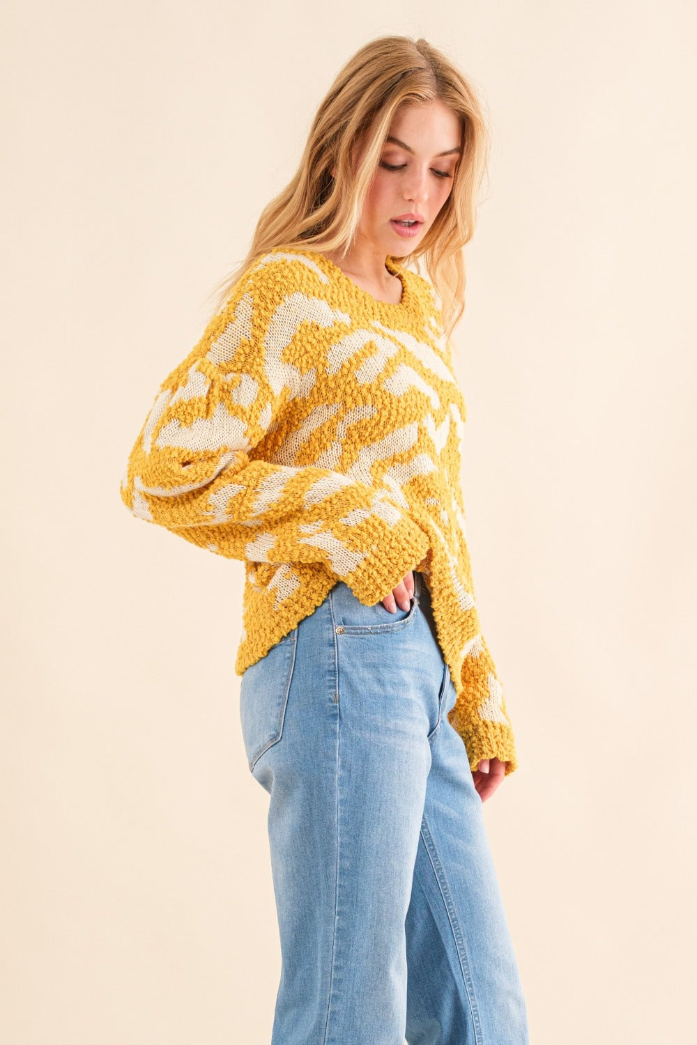 And The Why Textured Pattern Contrast Long Sleeves Relaxed Fit Sweater | Mustard