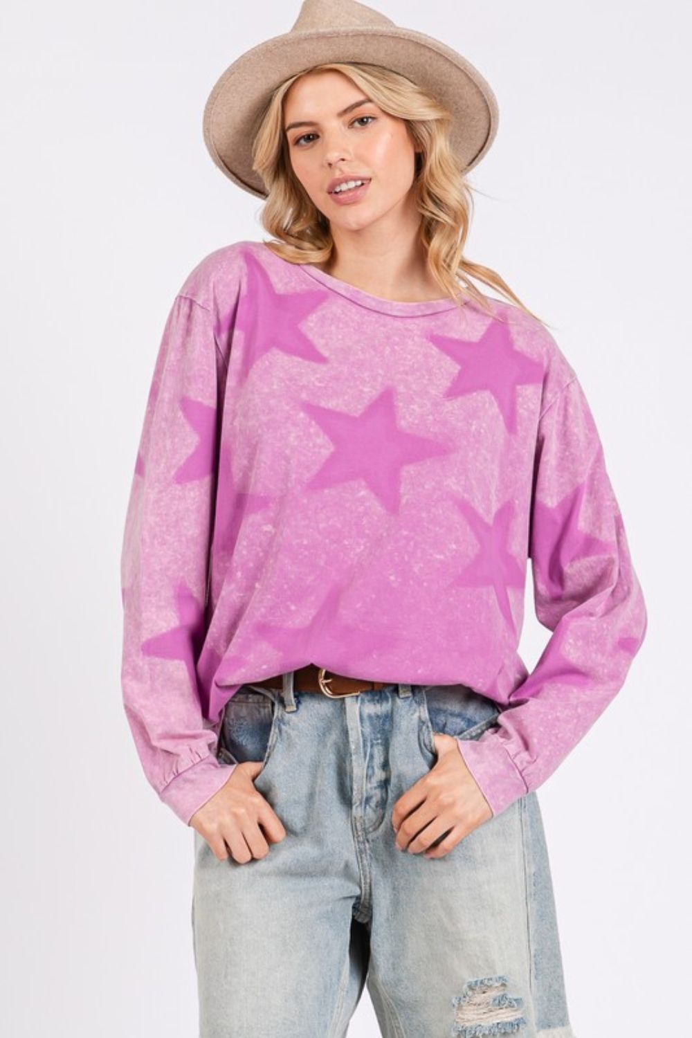 SAGE + FIG Mineral Wash Star Graphic Print Long Sleeves T-Shirt | Moonlit Mauve