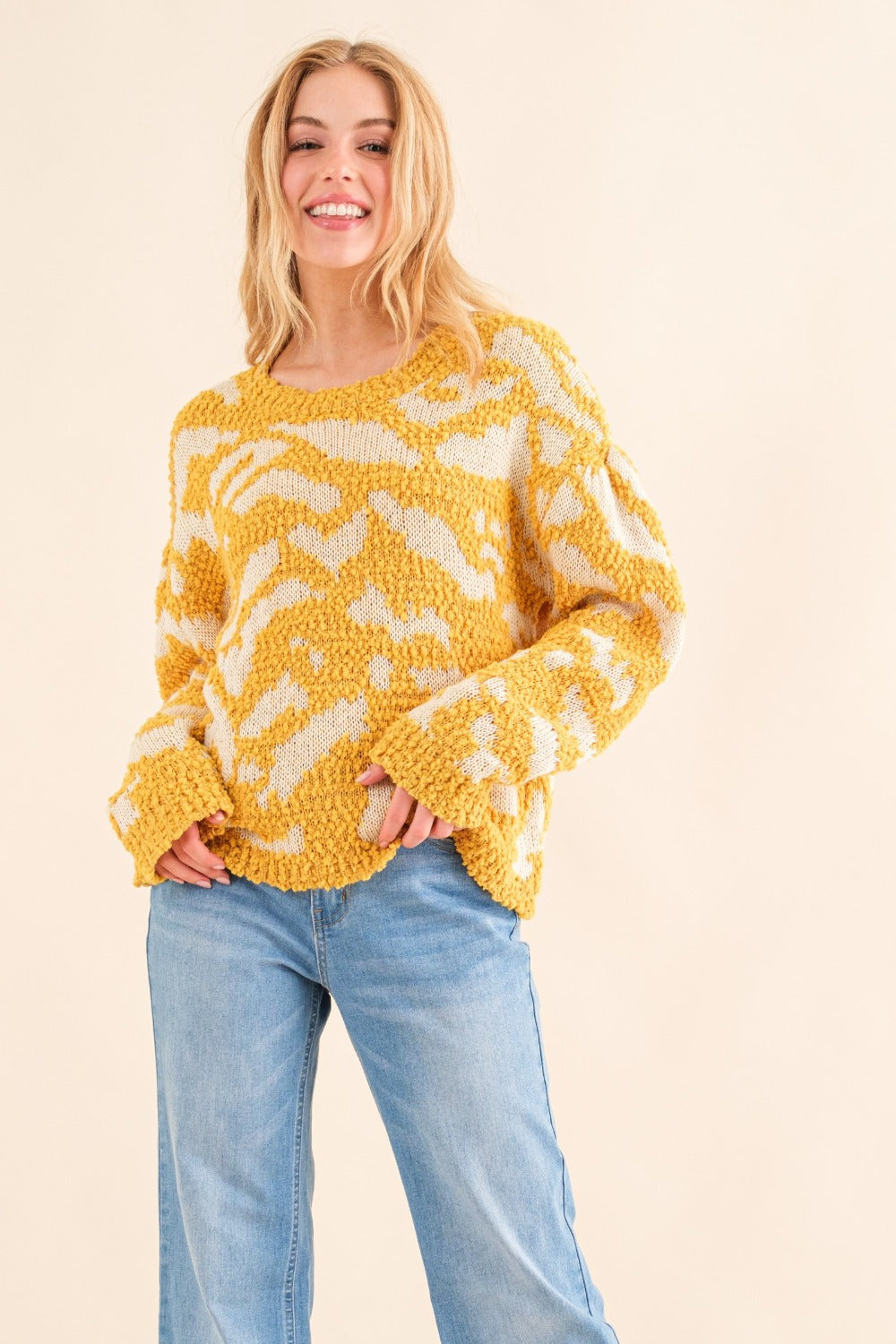 And The Why Textured Pattern Contrast Long Sleeves Relaxed Fit Sweater | Mustard