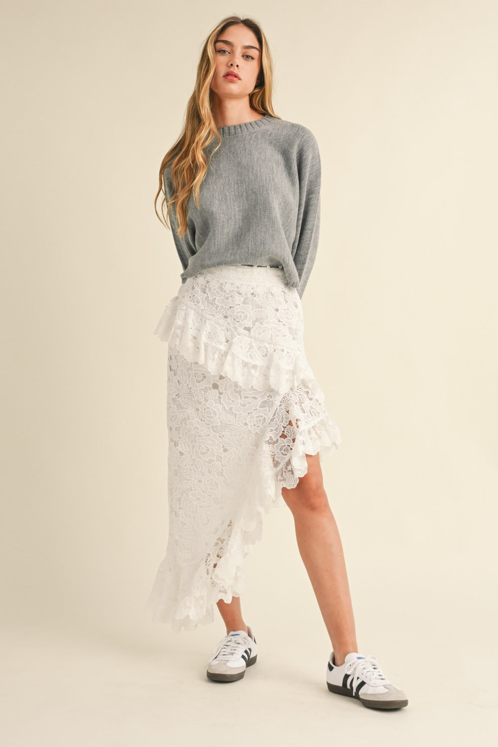 MABLE Round Neck Dolman Sleeves Relaxed Fit Cropped Pullover Sweater | H Grey