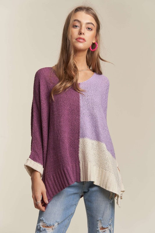 ADORA Side Slit Color Block Long Sleeves V-Neck Lightweight Sweater | Purple