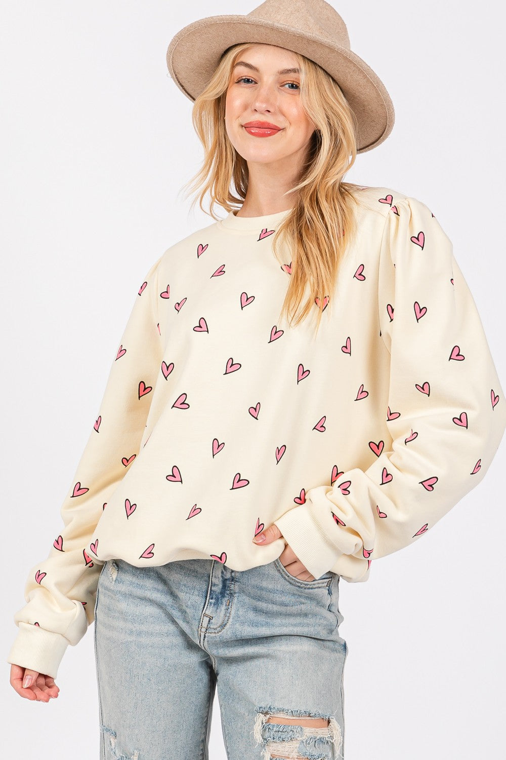 SAGE + FIG Heart Printed Contrast Long Sleeves Relaxed Fit Sweatshirt | Cream