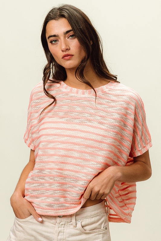 BiBi Relaxed Fit Braid Striped Short Sleeves Round Neck T-Shirt