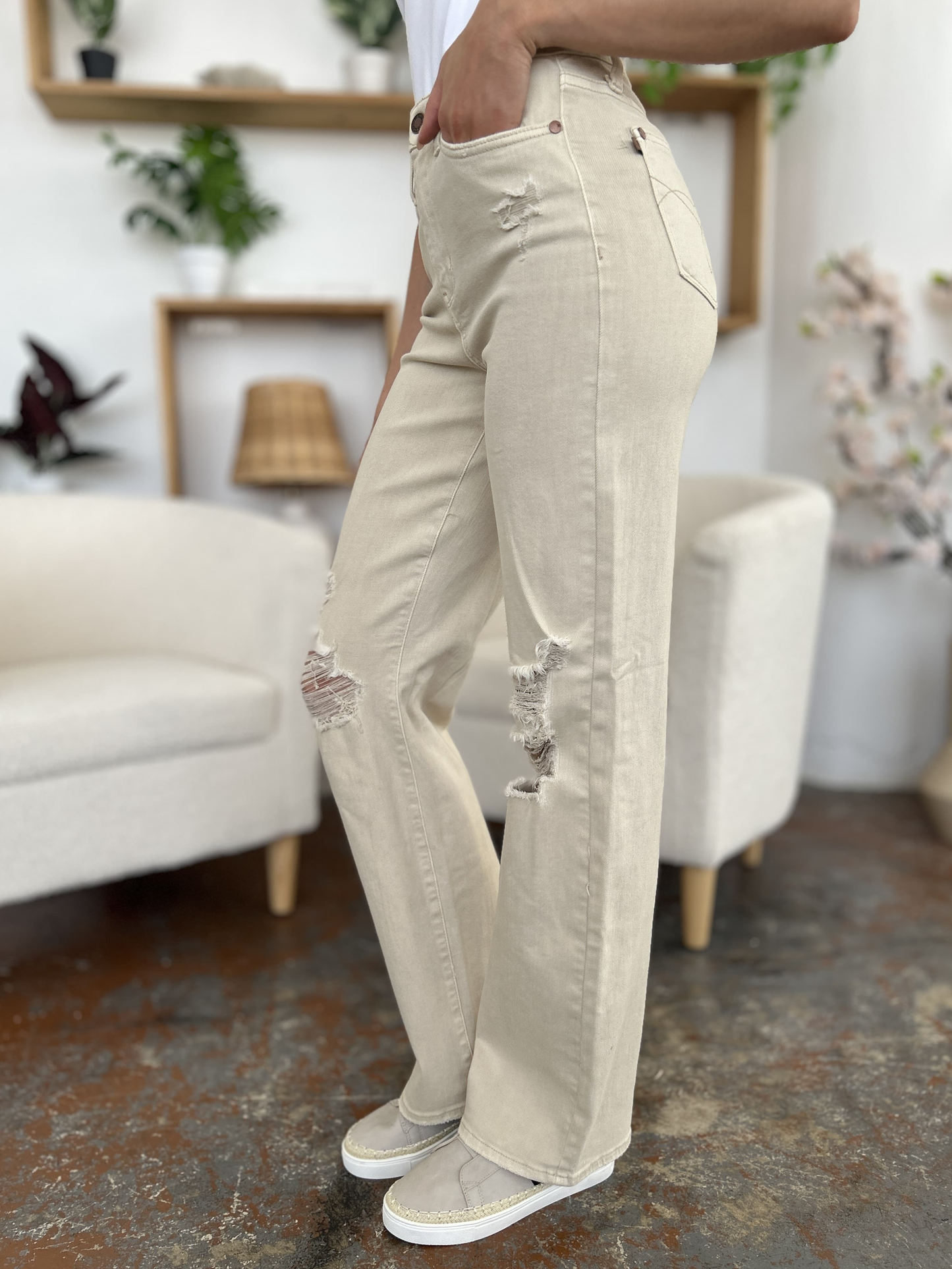 Judy Blue High Rise Waist Distressed Knee Zip Fly Wide Leg Denim Jeans | Bone