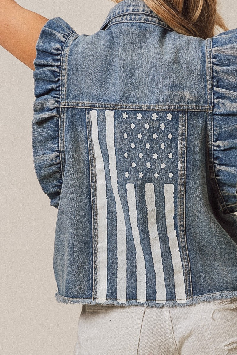 BiBi American Flag Pattern Buttoned Ruffle Sleeves Charcoal Washed Denim Jacket