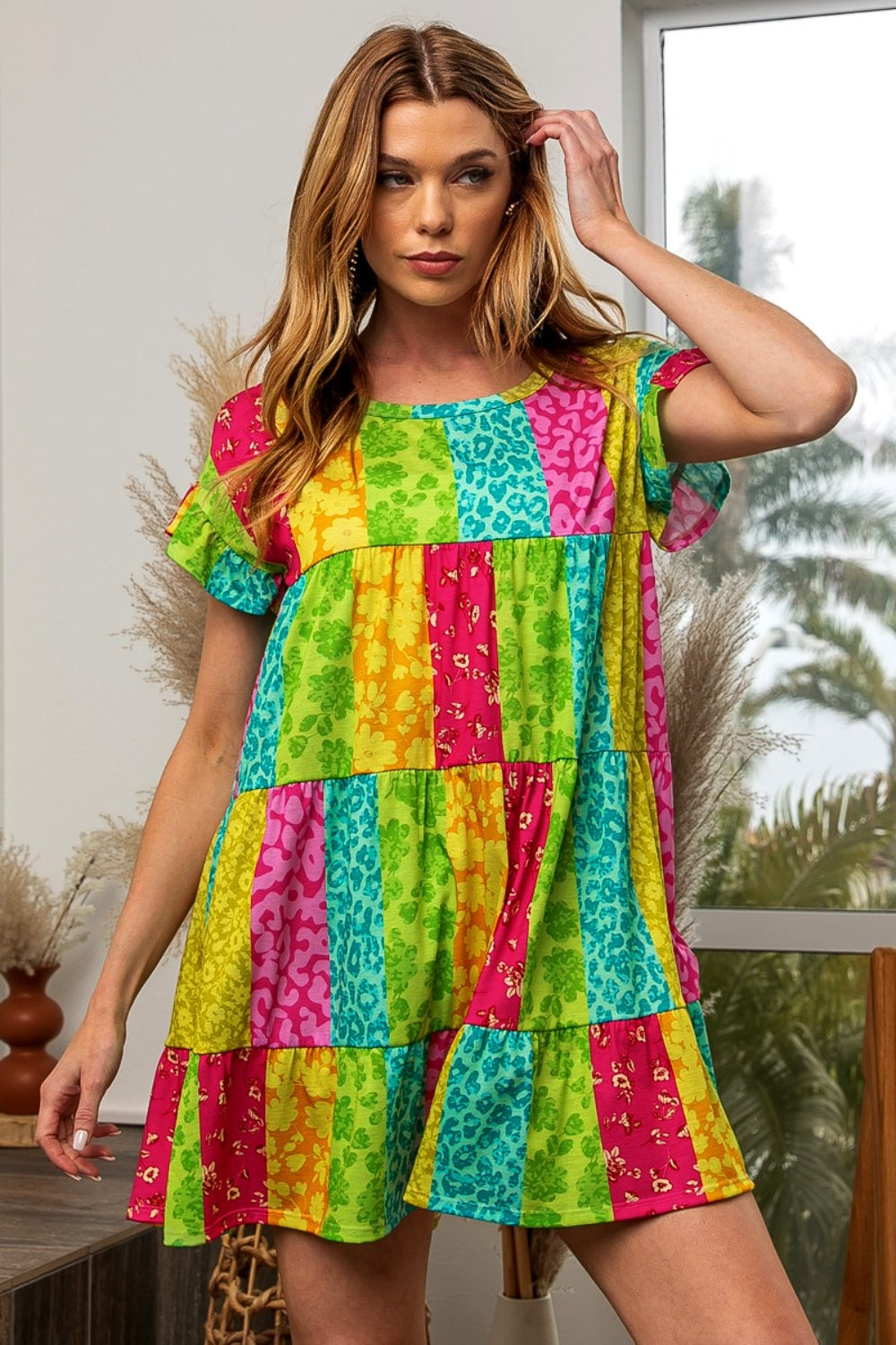 BiBi Leopard Print Short Sleeves Round Neck Tiered Mini Dress | Neon Green
