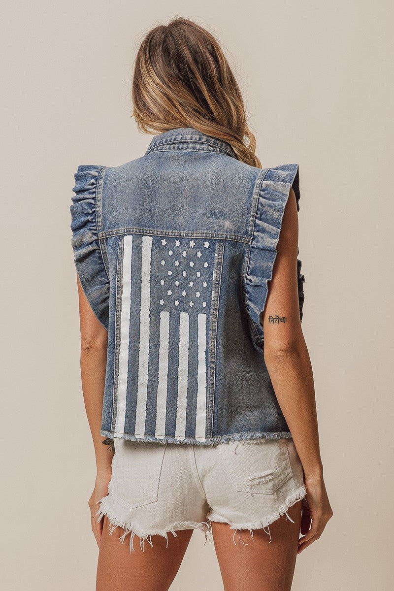 BiBi American Flag Pattern Buttoned Ruffle Sleeves Charcoal Washed Denim Jacket