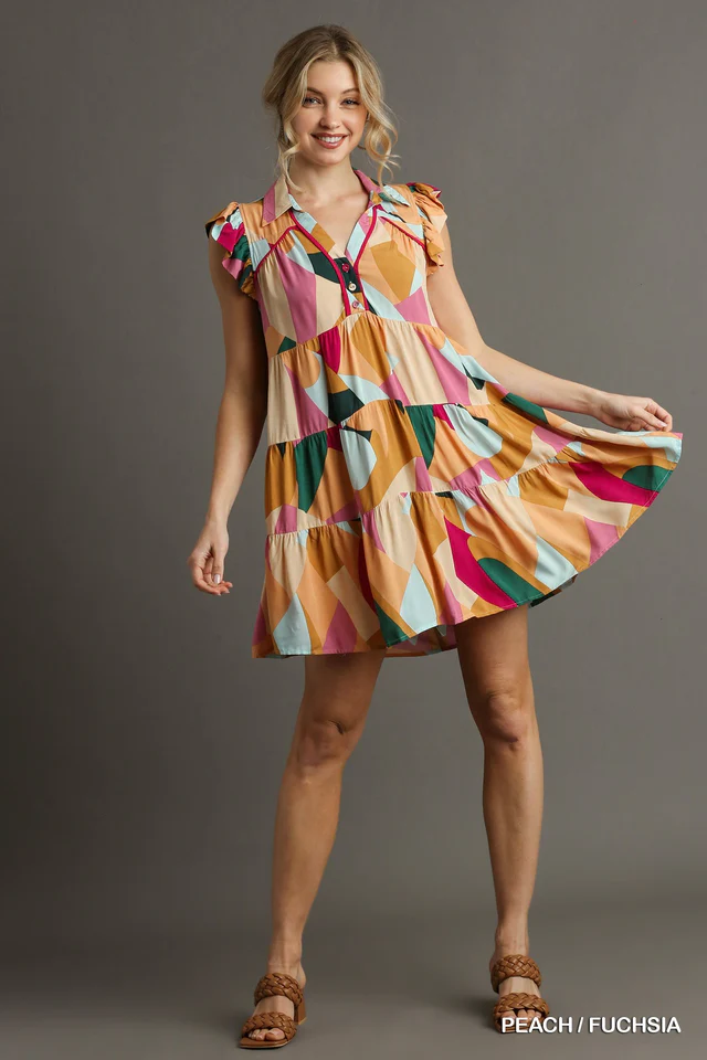 Umgee Abstract Print Button Detail Ruffle Cap Sleeves Tiered Mini Dress | Peach